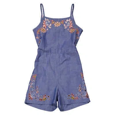 Pre-owned Chloé Chloe Girls Chambray Cotton Floral-embroidered Denim Romper In Check Description