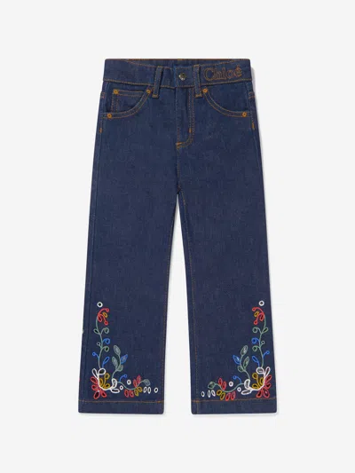 Chloé Kids' Girls Denim Embroidered Trousers 12 Yrs Blue