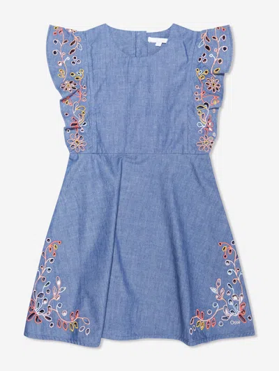 Chloé Kids' Chloe Girls Embroidered Sleeveless Cotton Denim Dress In Blue