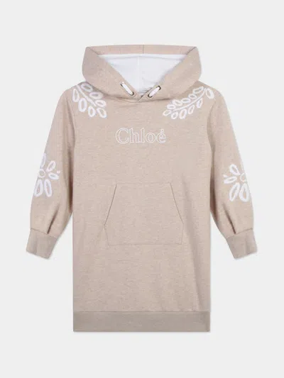 Chloé Babies'  Girls Embroidered Hooded Sweater Dress In Beige
