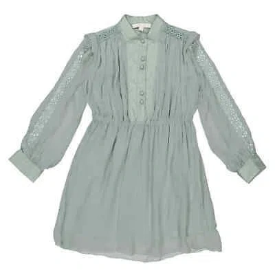 Pre-owned Chloé Chloe Girls Green Lace-trim Long Sleeve Midi Shirt Dress