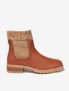 CHLOÉ GIRLS LEATHER KNITTED ANKLE BOOTS EU 33 UK 1 BROWN