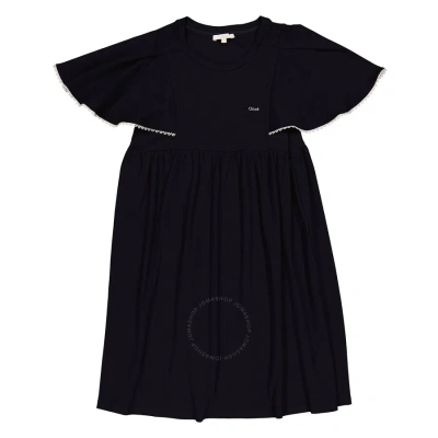 Chloé Kids' Chloe Girls Navy Ruffle Sleeves Logo Dress