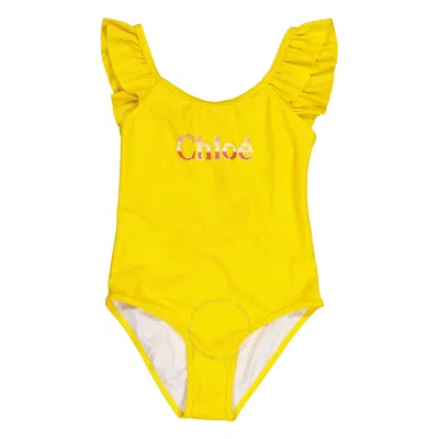 Chloé Kids' Chloe Girls Ochre Logo Print Ruffle-trim One-piece Swimsuit In Yellow