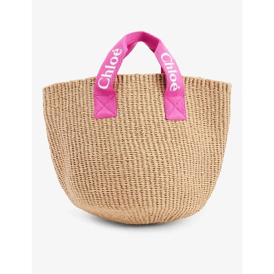 Chloé Chloe Girls Pink Kids' Logo-strap Straw Tote Bag