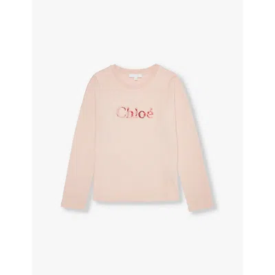 Chloé Chloe Girls Pink Washed Pink Kids Logo-embroidered Long-sleeve Cotton-jersey T-shirt 4-12 Years In Pink  Washed Pink