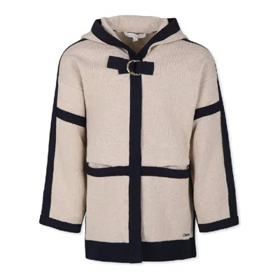 Chloé Chloe Girls Signature Logo Ribbed Knit Hooded Jacket In Neutral