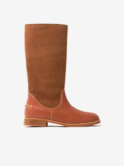 Chloé Kids' Logo-engraved Suede Knee-length Boots In Brown