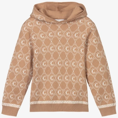 Chloé Girls Teen Beige Knitted Logo Hoodie In Brown