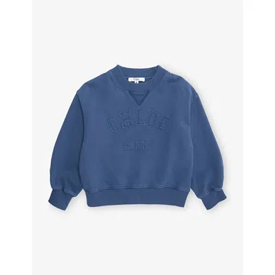 Chloé Kids' Glacier Washed Brand-patch Round-neck Cotton-jersey Sweatshirt 4-14 In Blue