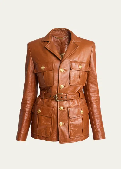 Chloé Glossy Leather Belted Military Jacket In Brown