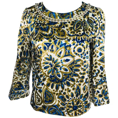 Pre-owned Chloé Chloe' Gold & Blue Rhinestone Jewel Neckline Blouse