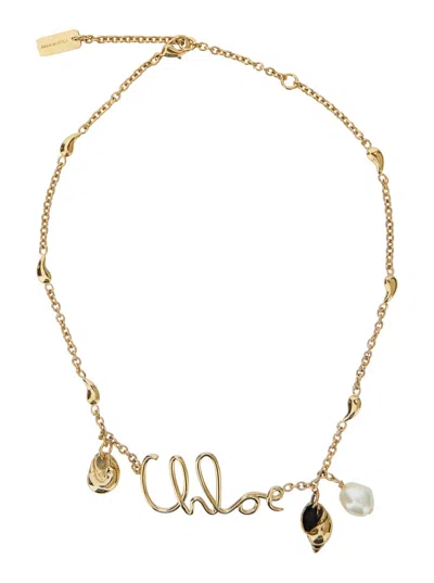 Chloé Gold Colored Necklace With Logo Lettering In Brass Woman In Multicolor