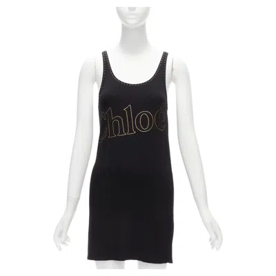 Pre-owned Chloé Chloe Gold Foil Logo Black Topstitch Detail Rock Chic Tank Top Dress S