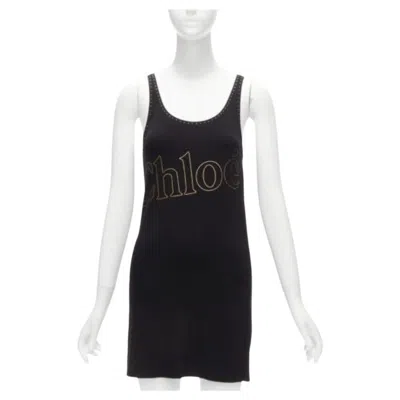 Pre-owned Chloé Chloe Gold Foil Logo Black Topstitch Detail Rock Chic Tank Top Dress S