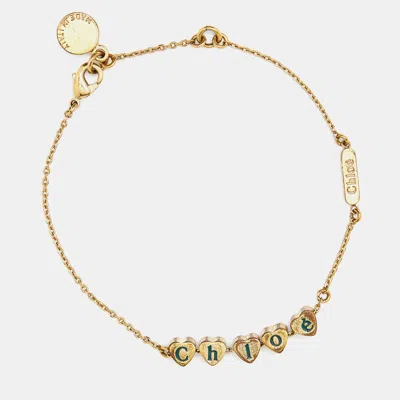 Pre-owned Chloé Gold Tone Logo Heart Chain Bracelet