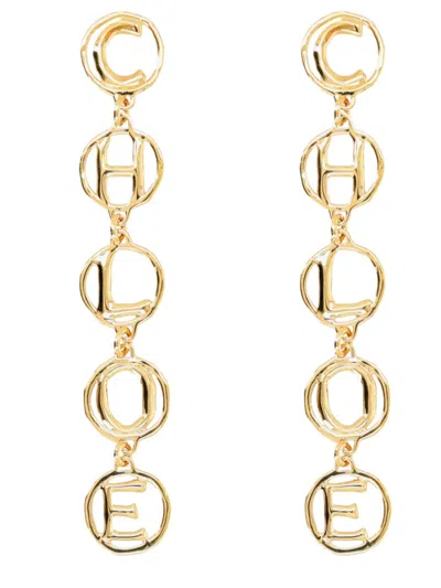 Chloé Golden Logo Drop Earrings In White