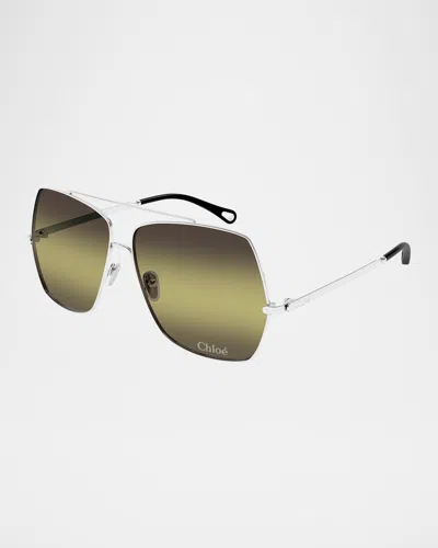 Chloé Gradient Aviator Metal Sunglasses In Shiny Silver