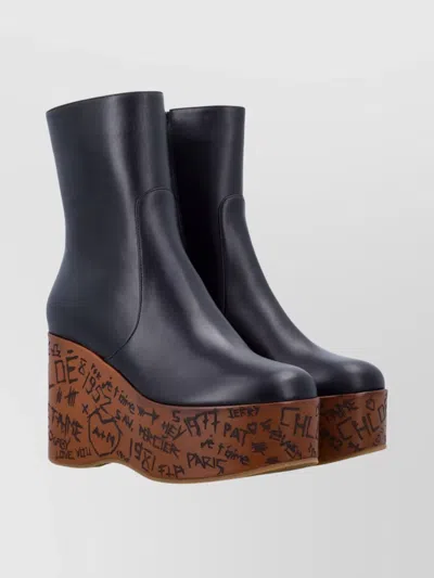 Chloé Graphic Print Platform Ankle Boot Wedge In Black
