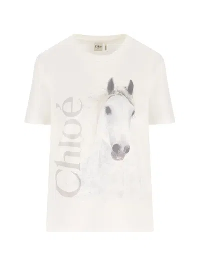 Chloé Cotton Crew Neck Graphic Short Sleeve T-shirt In White