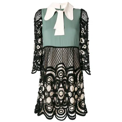 Pre-owned Chloé Chloe Green Black Color Block Lace 3/4 Sleeve Mini Dress 34 Xxs