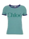 Chloé Green Crewneck T-shirt With Logo Lettering Print On The Front In Cotton Woman In Green