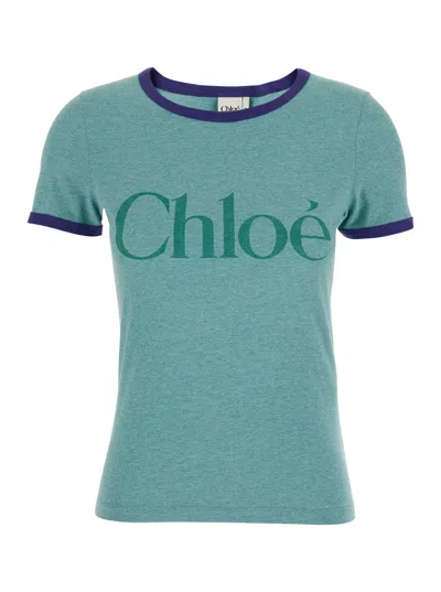 Chloé Green Crewneck T-shirt With Logo Lettering Print On The Front In Cotton Woman