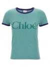Chloé Green Crewneck T-shirt With Logo Lettering Print On The Front In Cotton Woman In Green