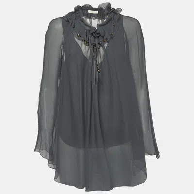 Pre-owned Chloé Grey Chiffon V- Neck Embellished Blouse S In Gray
