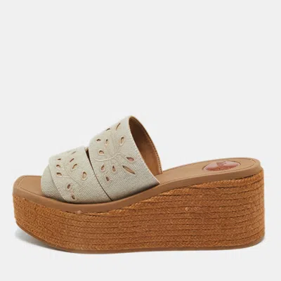 Pre-owned Chloé Grey Denim Logo Print Woody Wedge Platform Slide Sandals Size 40 In Cream