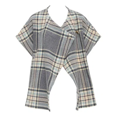 Pre-owned Chloé Chloe Grey Pink Virgin Wool Blend Checked Gold Buttons Cape Top T3 Xs