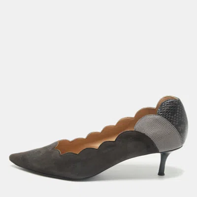 Pre-owned Chloé Grey/black Lizard Embossed Leather And Suede Scalloped Pointed Toe Pumps Size 40.5 In Gray