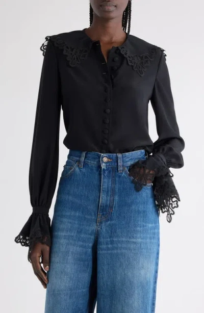 Chloé Guipure Lace Organic Silk Button-up Top In Black