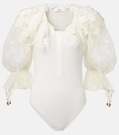 Chloé Guipure Lace-trimmed Cotton Bodysuit