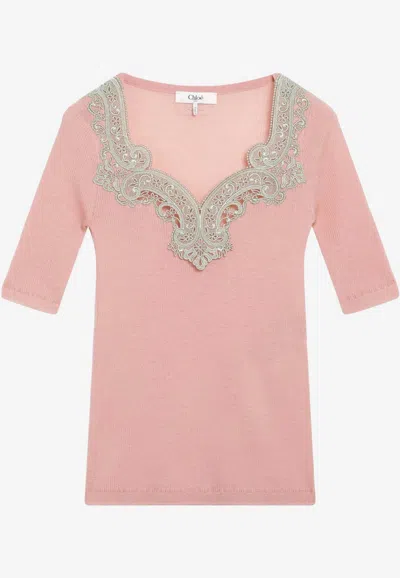 Chloé Guipure Lace-trimmed Wool Knit Top In Pink