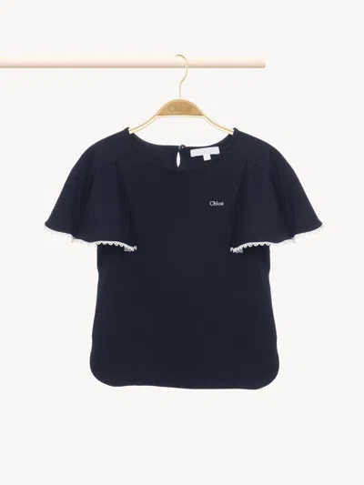 Chloé Guipure-trim T-shirt Blue Size 8 100% Cotton