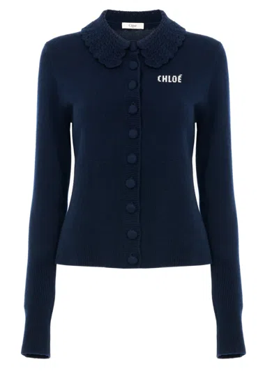 Chloé Guipure-trim Wool Sweater With Fabric-covered Buttons And Chest Logo, Size S In Black
