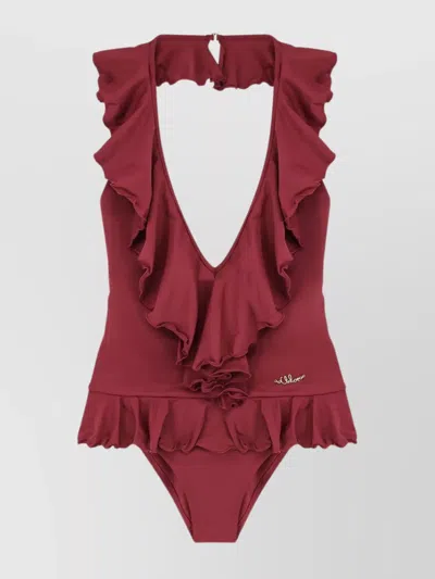 Chloé Halterneck One-piece Swimsuit Ruffle Detailing In Red