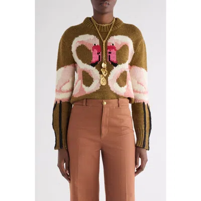 Chloé Hand Knit Flamingo Intarsia Wool Crewneck Sweater In Gold