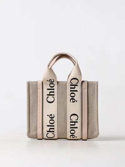 Chloé Small Woody Leather And Linen Tote Bag In Gray