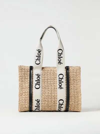 Chloé Medium Woody Raffia Beach Bag In Nude