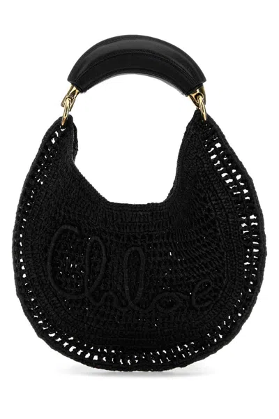 Chloé Summer Banana Leather-trimmed Embroidered Faux Raffia Tote In Black