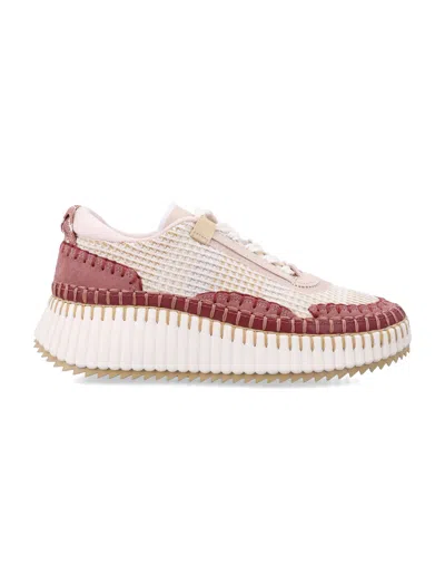 Chloé Hand-stitched Nama Sneakers With Ridged Sole And Embossed Logo In Pink