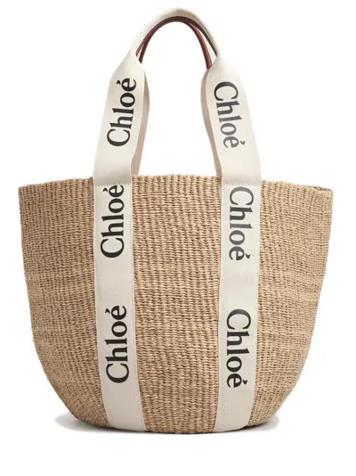Chloé Chloè Handwoven Fairtrade Paper Basket Handbag With Woody Ribbon - Large Compartment In Sand