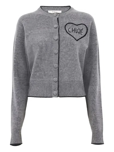 Chloé Wool And Cashmere Cardigan With Logo Knitwear Grey In Gray