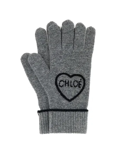 Chloé Embroidered Wool And Cashmere-blend Gloves In Gray
