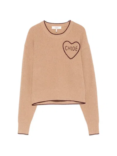 Chloé Heart-embroidered Ribbed-knit Sweater In Brown
