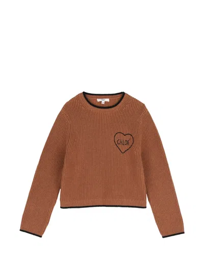 Chloé Kids' Heart-embroidered Ribbed-knit Sweater In Brown