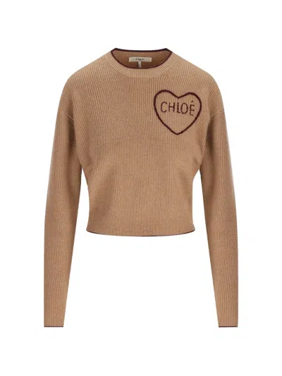 Chloé Heart-embroidered Ribbed-knit Sweater In Neutral