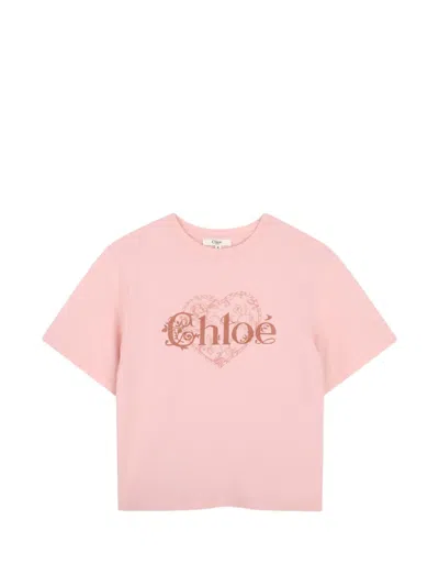 Chloé Kids' Heart-print T-shirt In Pink